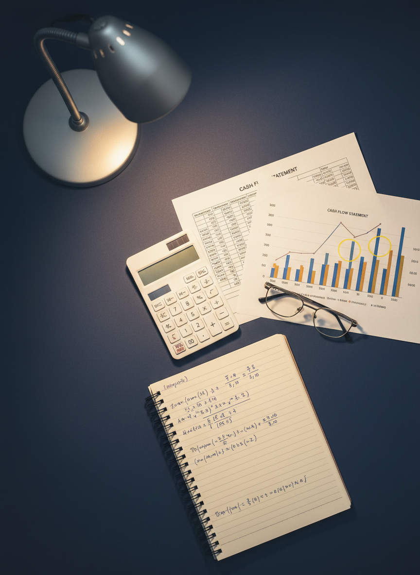 A carefully arranged flat lay of financial planning tools on a matte navy desk surface: a crisp white calculator, printed cash flow statements, bar charts with highlighted trends, and an open spiral-bound notebook with tidy handwritten numbers. A slim silver desk lamp casts focused, warm light from the upper corner, creating defined yet soft shadows and a sense of evening study. A pair of minimalist metal-framed glasses rests on one report, suggesting ongoing analysis without showing any person. Shot from a true bird’s eye view with sharp focus across the frame, the composition feels organized, analytical, and academically driven, rendered in photographic realism with a calm, disciplined atmosphere.