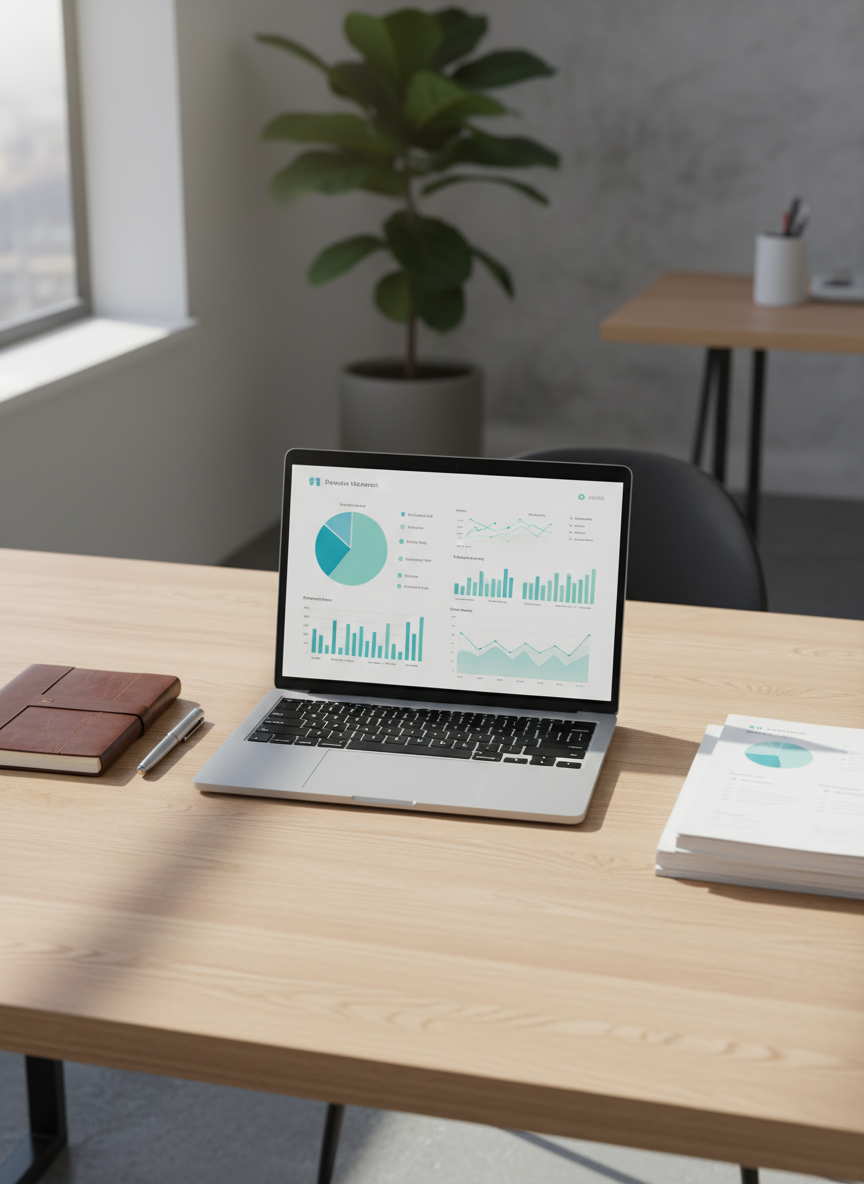 A sleek, open silver laptop displaying a clean financial dashboard with charts, graphs, and a pie chart in calming blues and greens, resting on a light oak desk. Around it lie a structured leather notebook, a metal pen, and neatly stacked financial reports with visible but unreadable text. Soft daylight from a large nearby window washes across the scene, creating gentle reflections on the laptop’s screen and subtle shadows from the stationery. Shot at eye level with a shallow depth of field, the background fades into a softly blurred modern office interior. The mood is professional, focused, and optimistic, captured in photographic realism with a clean, modern aesthetic.