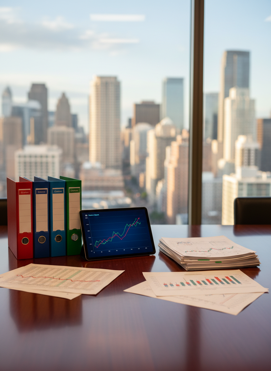 A polished wooden conference table covered with an organized spread of financial case materials: color-coded binders, neatly aligned spreadsheets, printed stock performance charts, and a tablet displaying a line graph trending upward in deep blue. In the background, a large glass wall reveals an out-of-focus city skyline, emphasizing a professional business environment. Soft, diffused afternoon light enters from the glass wall, giving a gentle sheen to the table’s surface and soft reflections on the tablet. Captured from a slightly elevated three-quarter angle, the composition follows the rule of thirds, drawing the eye from foreground documents to background skyline. The mood is strategic and ambitious, with clean, photographic realism.