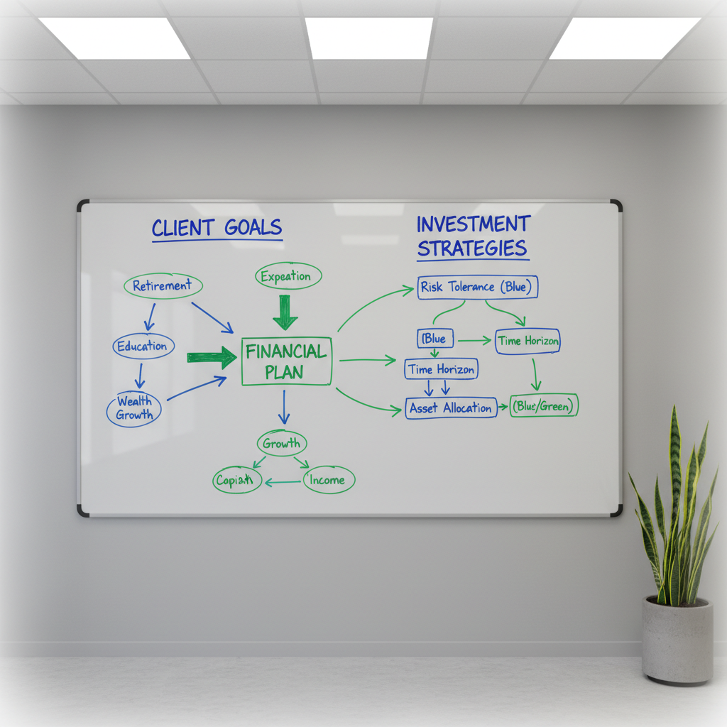 A modern whiteboard filled with a structured financial advising framework: hand-drawn flowcharts, arrows connecting client goals to investment strategies, and neatly written headings like “Risk Tolerance” and “Time Horizon,” all in blue and green marker. The whiteboard stands in a minimalist classroom-style space with a neutral gray wall and a single potted plant in the corner. Overhead LED panel lights provide even, cool illumination, eliminating harsh shadows and emphasizing clarity of information. Shot straight-on at eye level with sharp focus and slight vignetting at the edges, the image feels instructional and leadership-oriented. The photographic style is clean and modern, evoking organized thinking, teaching, and clear communication in financial advising.